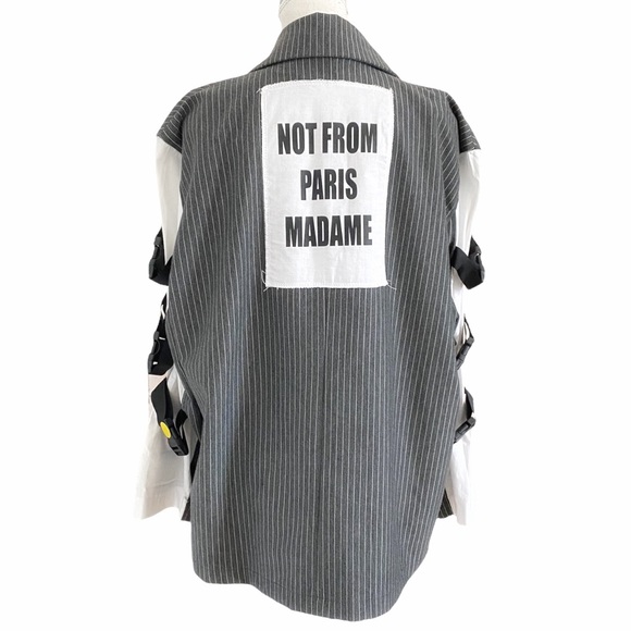 H-4 GREY WHITE STRIPED SIDE RELEASE BUCKLE STRAPS BACK PATCH BOYFRIEND BLAZER - Picture 1 of 10